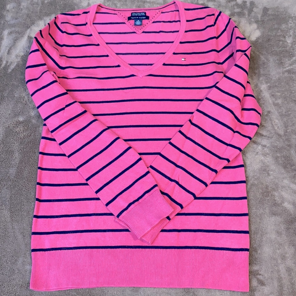 Tommy Hilfiger V Neck Striped Long Sleeved Sweater